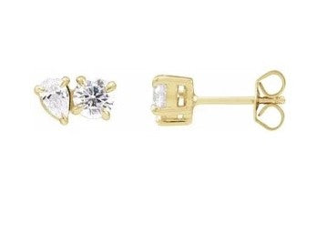 14k Yellow Gold Lab Grown Diamond Two Stone Pear & Round Stud Earrings