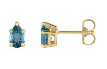 14k Yellow Gold Solitaire Natural London Blue Topaz Stud Earrings