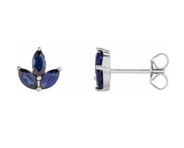 14k White Gold Natural Sapphire Marquise Cut Cluster Stud Earring