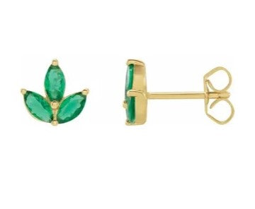 14k Yellow Gold Natural Emerald Marquise Cut Cluster Stud Earring