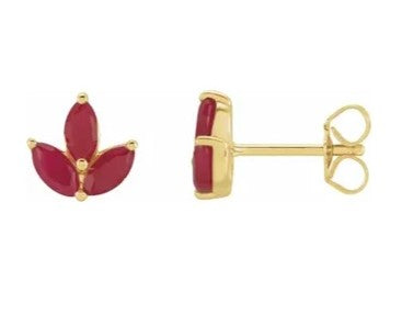 14k Yellow Gold Natural Ruby Marquise Cut Cluster Stud Earring