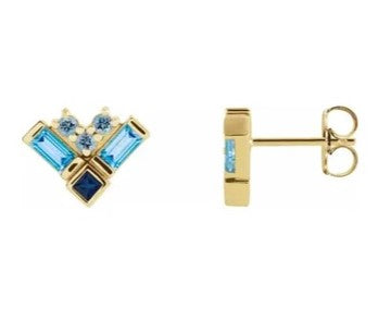 14k Yellow Gold Natural Blue Multi-Gemstone Stud Earrings