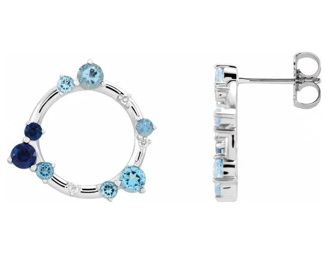 14k White Gold Multi Blue Gemstone and Diamond Circle Stud earrings