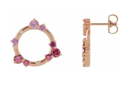 14k Rose Gold Multi Pink Gemstone and Diamond Circle Stud earrings