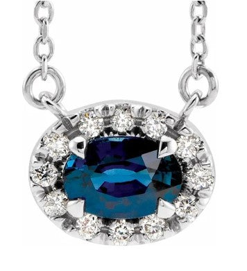 Platinum Natural Blue Sapphire and Diamond Halo Necklace