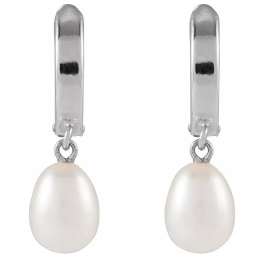 14k White Gold Cultured White Freshwater Pearl Huggie Style Hoop Earrings