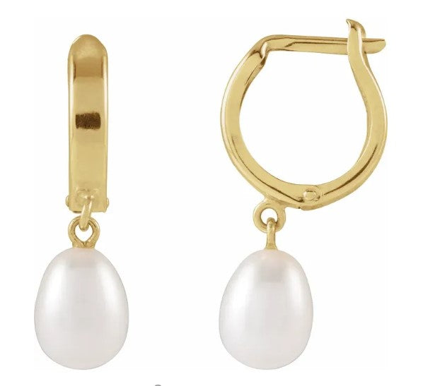 14k Yellow Gold Cultured White Freshwater Pearl Huggie Style Hoop Earrings