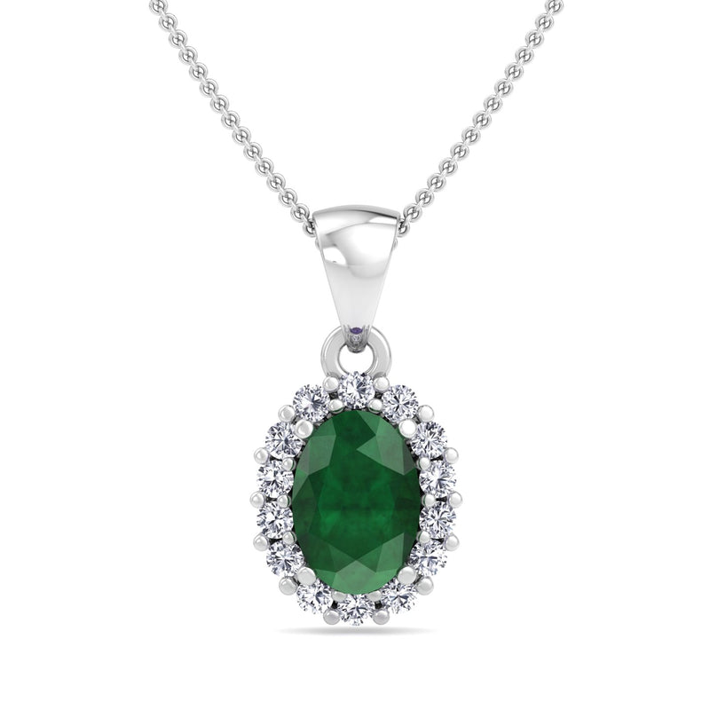 White Gold Cluster Style Drop Pendant with Emerald and Diamond