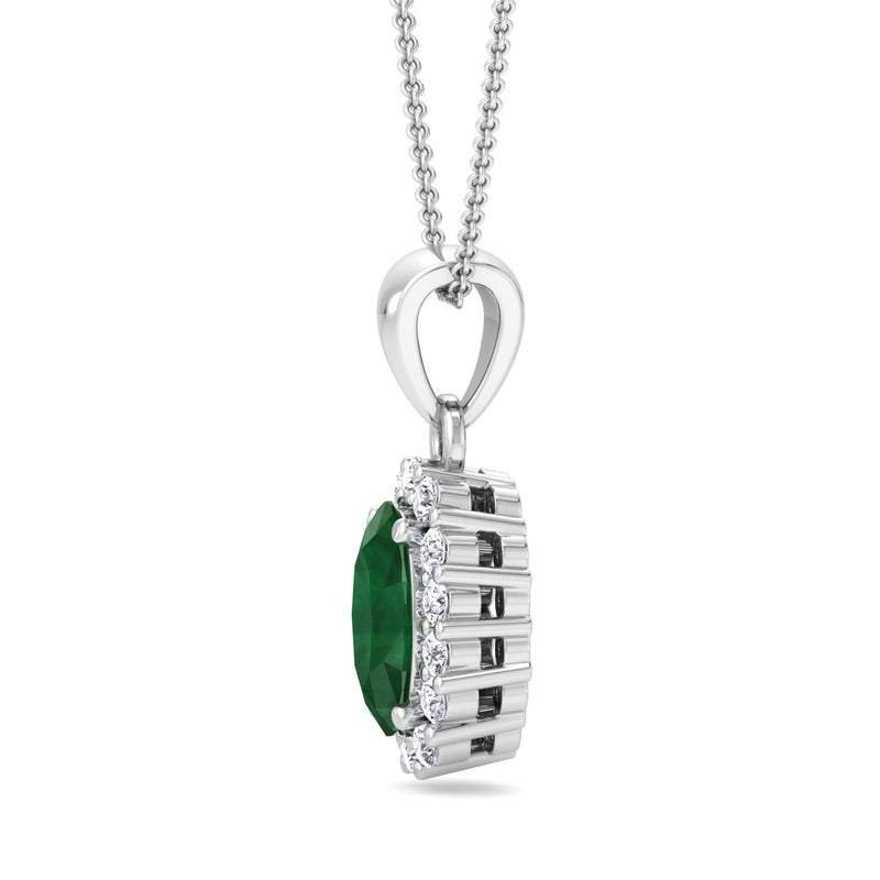 White Gold Cluster Style Drop Pendant with Emerald and Diamond