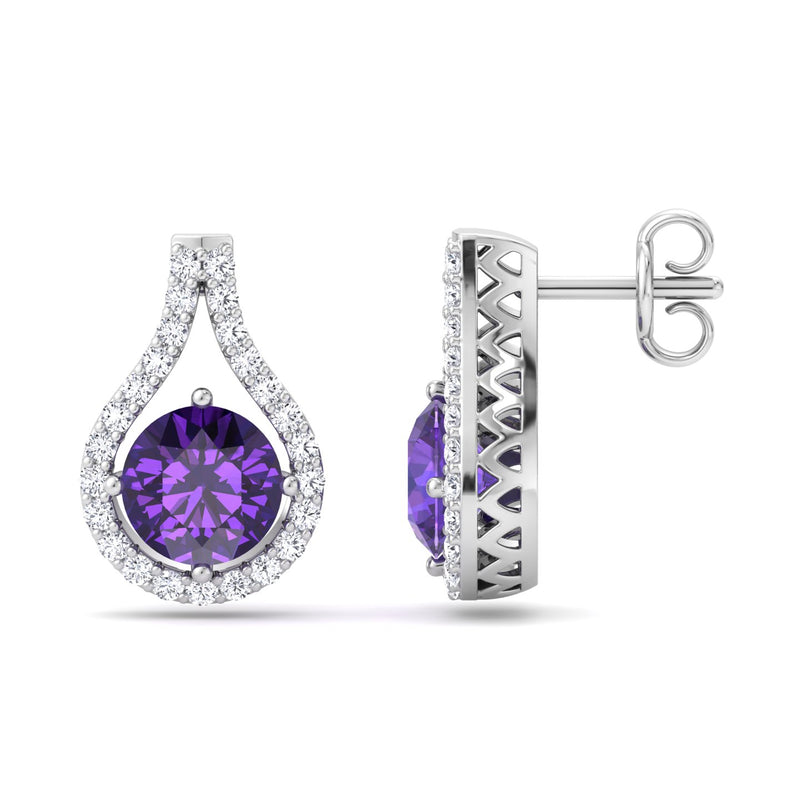 White Gold Stud Drop Earrings with Amethyst and Diamond