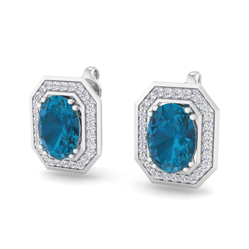 White Gold Stud Earrings with London Blue Topaz and Diamond