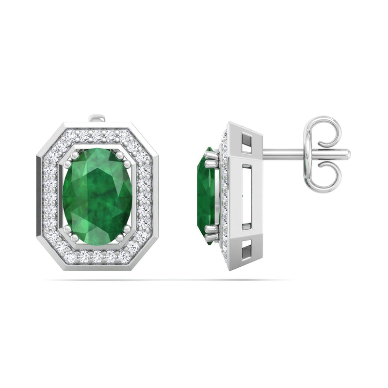 White Gold Stud Earrings with Emerald and Diamond