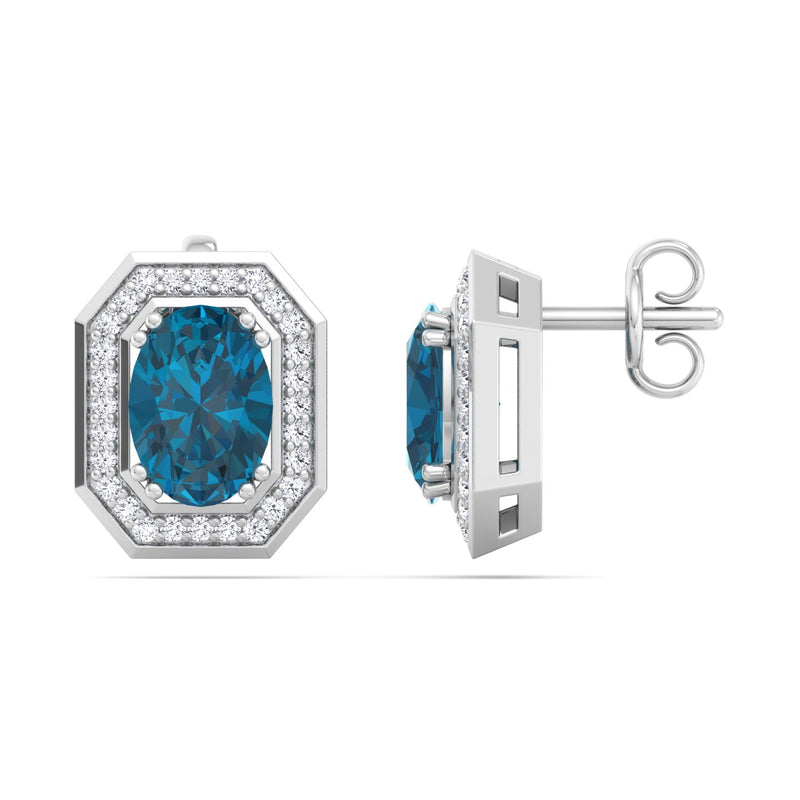 White Gold Stud Earrings with London Blue Topaz and Diamond