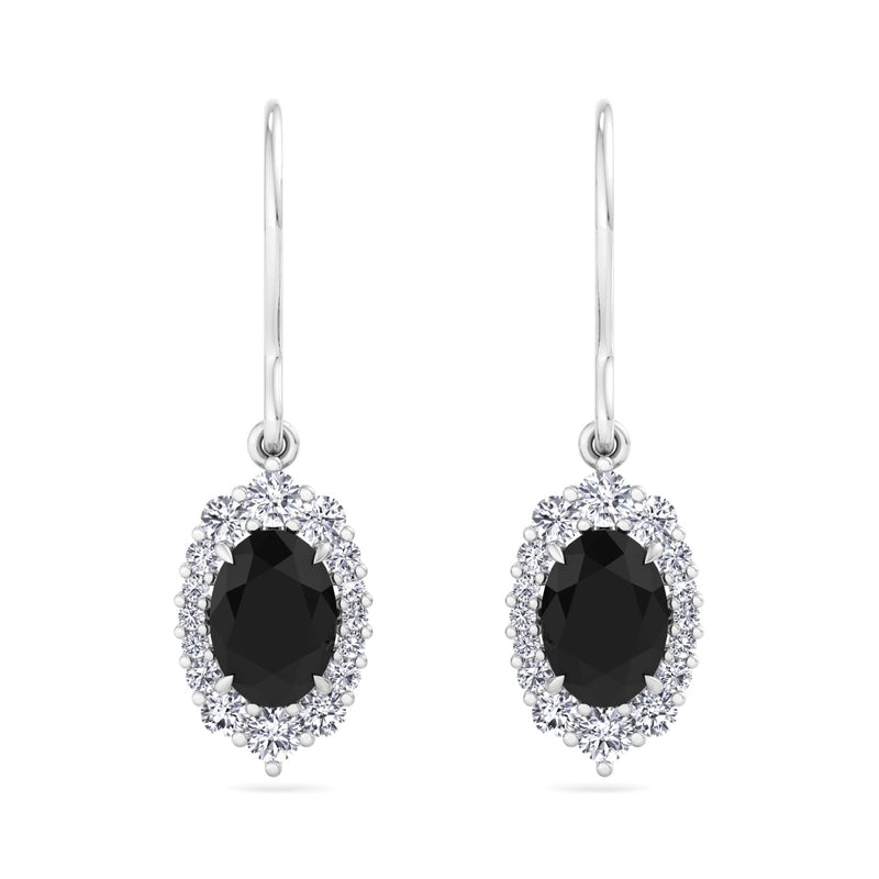 White Gold Halo Drop Earrings with Black Spinel and Diamond