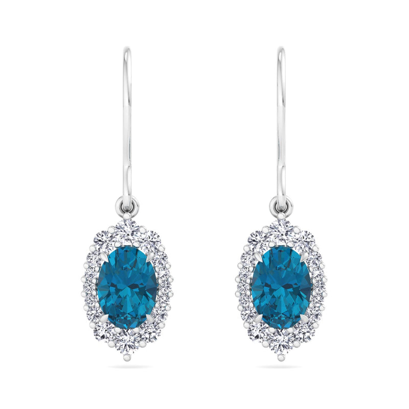 White Gold Halo Drop Earrings with London Blue Topaz and Diamond
