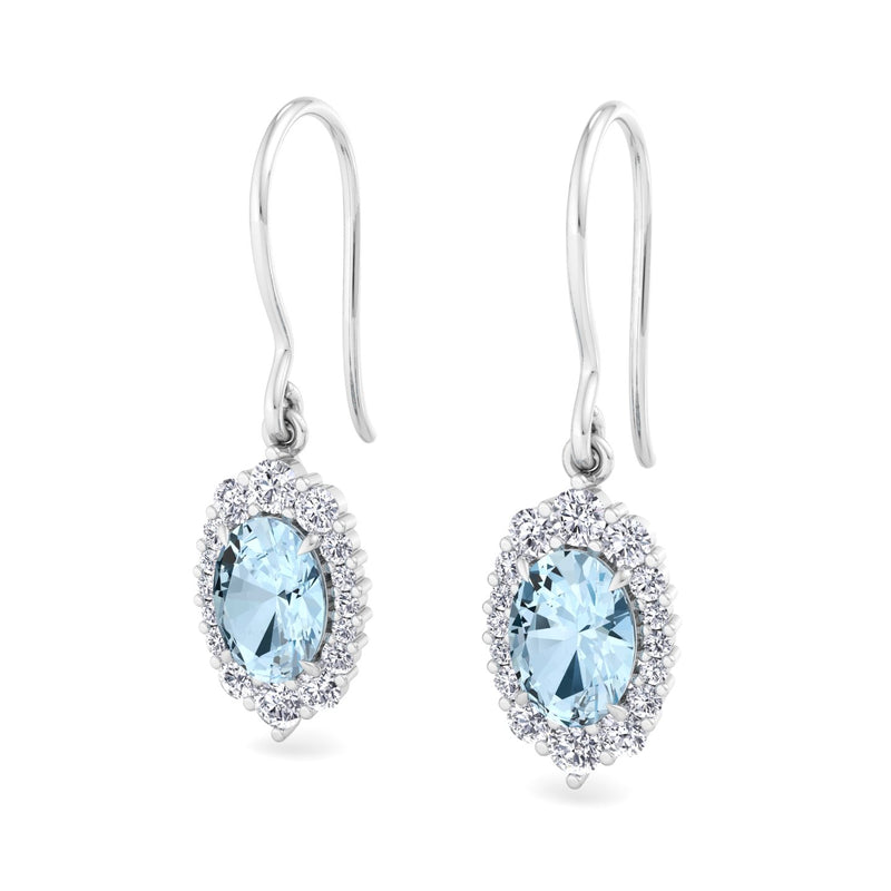 White Gold Halo Drop Earrings with Aquamarine and Diamond