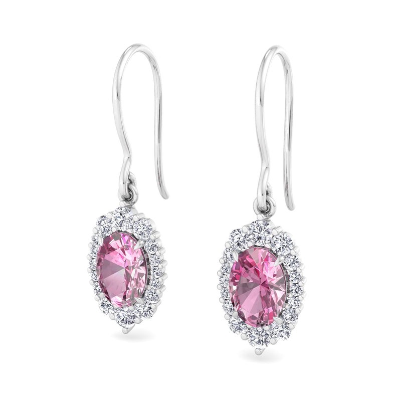 White Gold Halo Drop Earrings with Pink Sapphire and Diamond