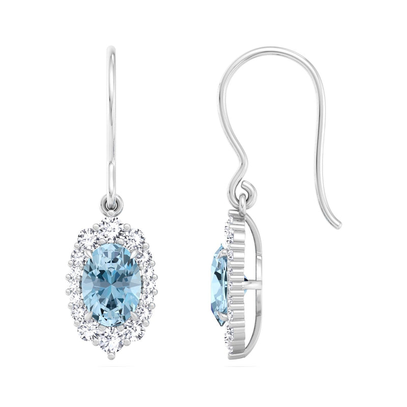 White Gold Halo Drop Earrings with Aquamarine and Diamond