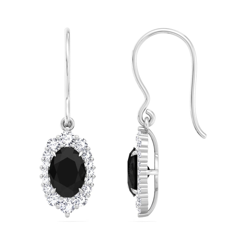 White Gold Halo Drop Earrings with Black Spinel and Diamond