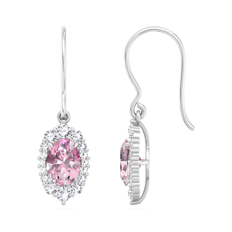 White Gold Halo Drop Earrings with Pink Sapphire and Diamond