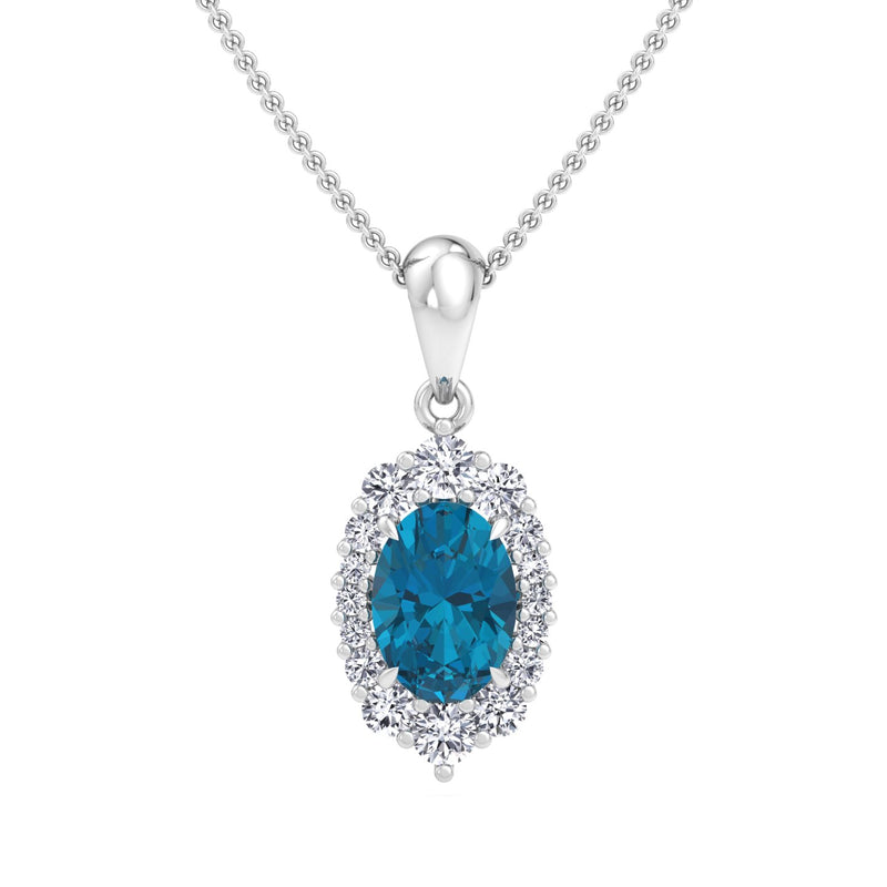 White Gold Halo Drop Pendant with London Blue Topaz and Diamond