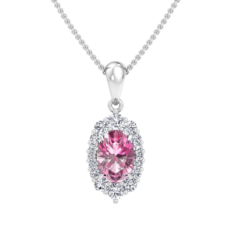 White Gold Halo Drop Pendant with Pink Sapphire and Diamond