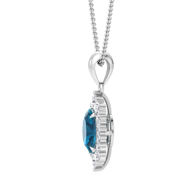 White Gold Halo Drop Pendant with London Blue Topaz and Diamond