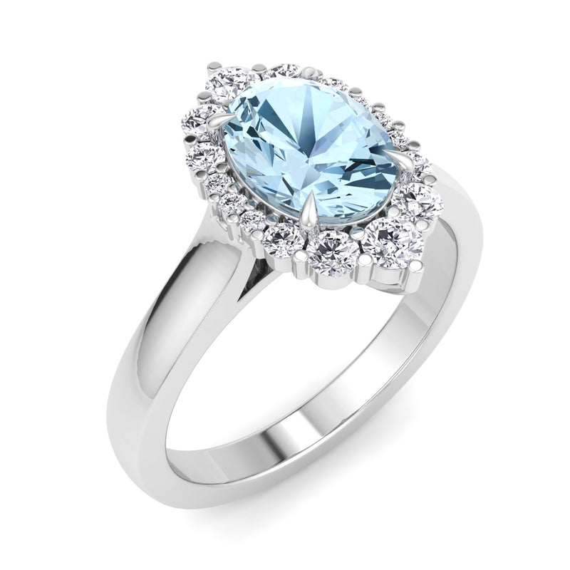 White Gold Halo Dress Ring with Aquamarine and Diamond