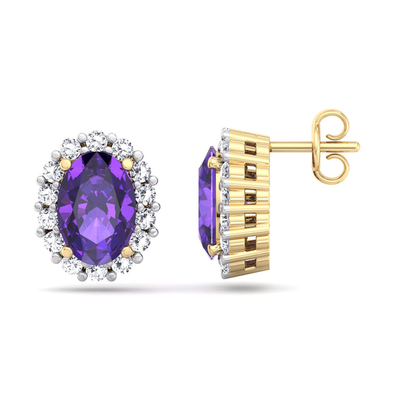 Yellow Gold Cluster Style Stud earrings with Amethyst and Diamond