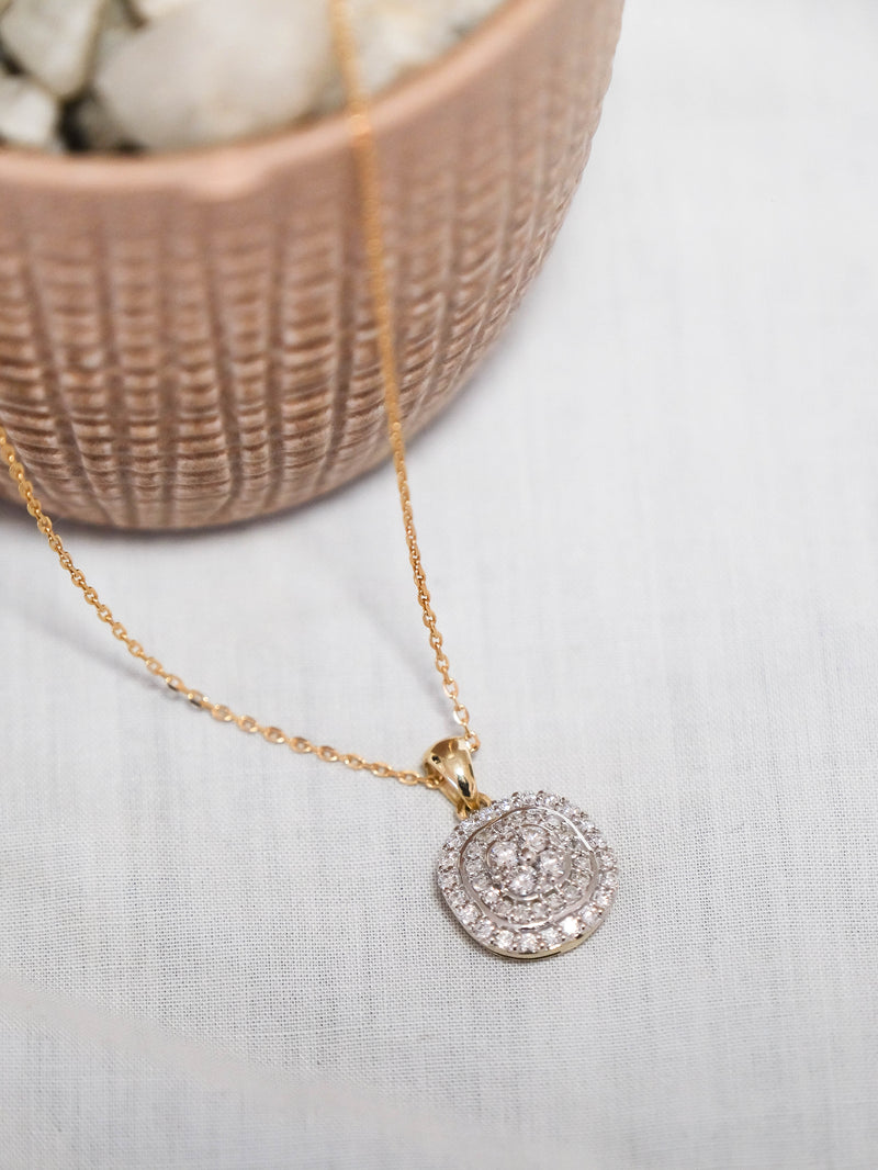 Yellow Gold Halo Cluster Drop Pendant with Diamond