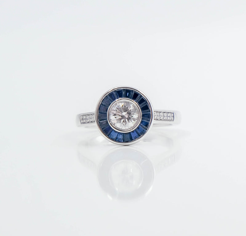 White Gold Halo Style Diamond and Sapphire Ring